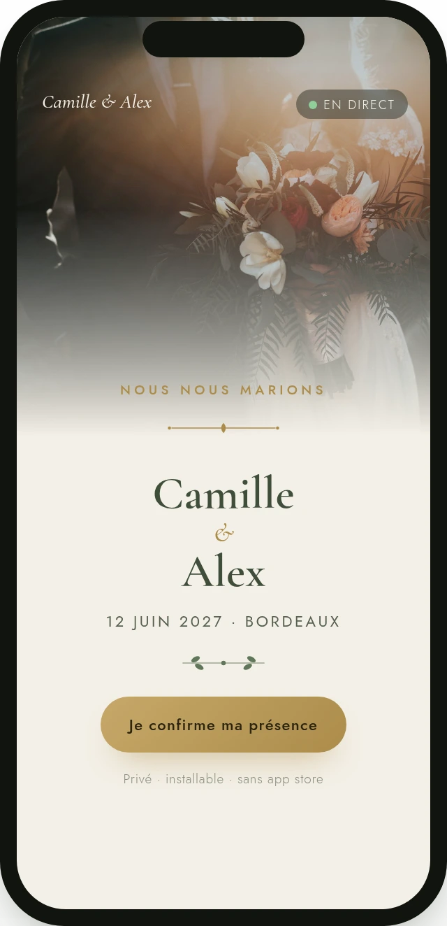 Aperçu d'un faire-part de mariage numérique : prénoms des mariés, date du mariage et bouton pour confirmer sa présence (RSVP).