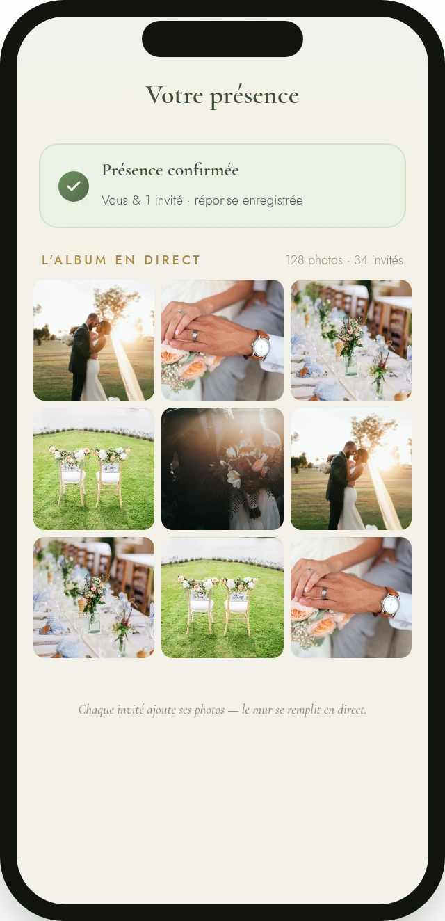 Écran de confirmation de présence (RSVP) et album photo alimenté en direct par les invités du mariage.